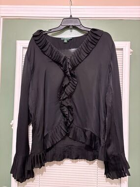 Lauren Ralph Lauren Pleated Silk Button Up Blouse Size 16 Ruffled Sheer